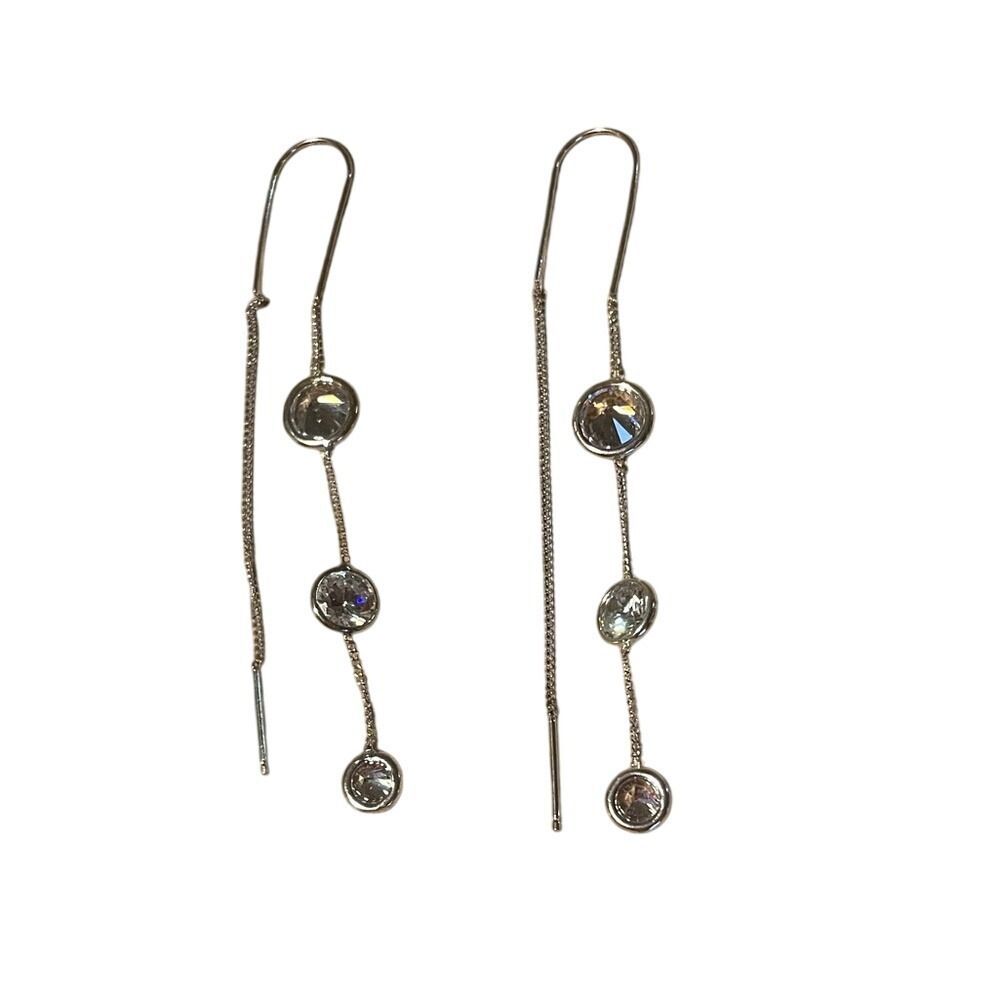 Dangle Drop Earrings with‎ Three Round Clear Stones Silver Tone Jewelry